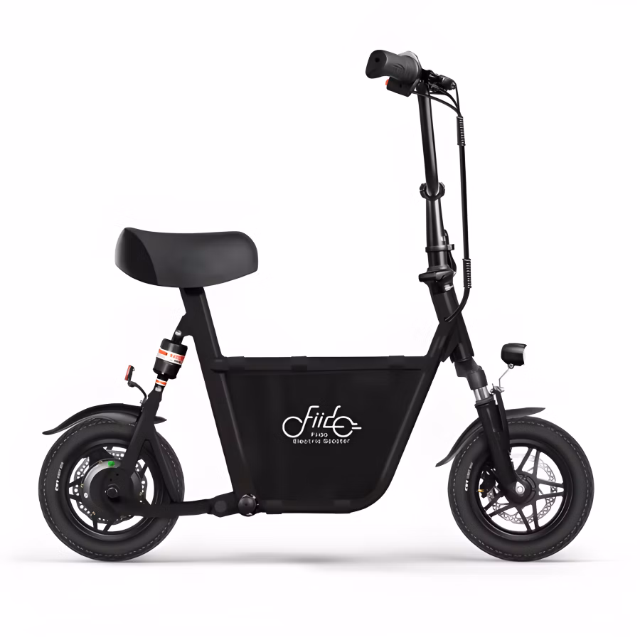 A Fiido Q1s eBike parked in an urban setting with cityscape.