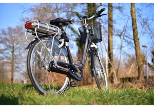 A commuter choosing between an e-bike and bus for travel, showcasing urban mobility options.