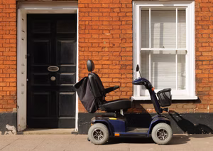 A person using a colorful e-scooter in an urban setting.